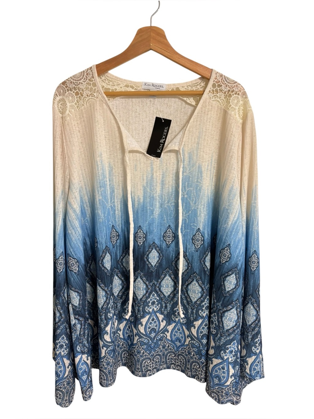 Kim Rogers Curvy blue/white ombré lace boho peasant paisley knit tunic shirt 3X